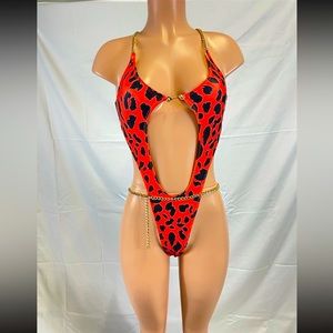 Story1440 SIZE L One piece red and black swimsuit with chain NWT